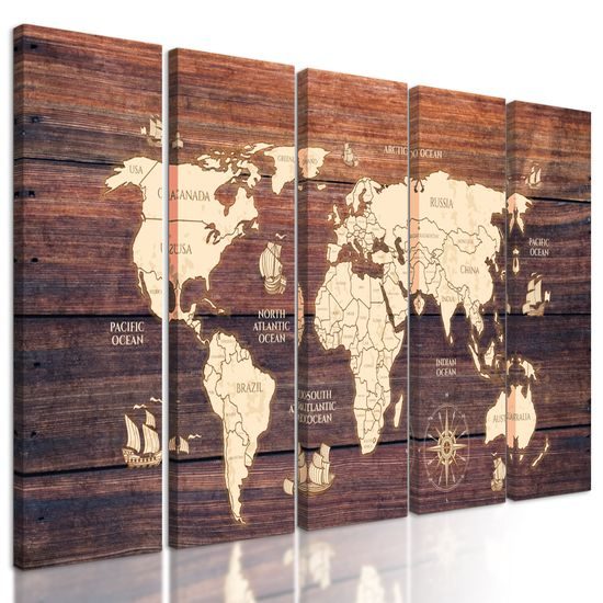 5-dielny obraz mapa sveta na drevenom podklade