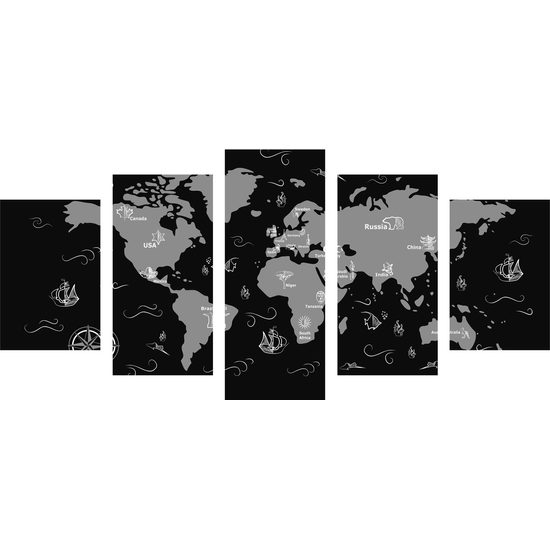 5-dielny obraz dobrodrúžna mapa sveta v čiernobielom prevedení