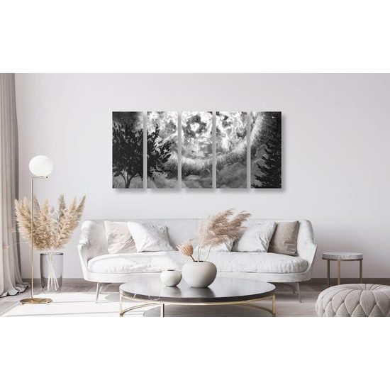5-dielny obraz magický spln v čiernobielom prevedení
