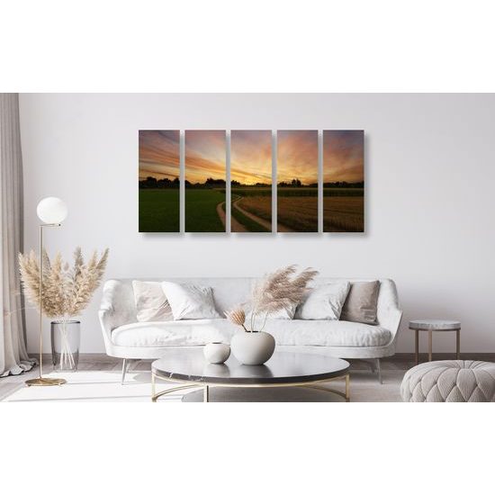 5-dielny obraz zapadajúce slnko nad krajinou
