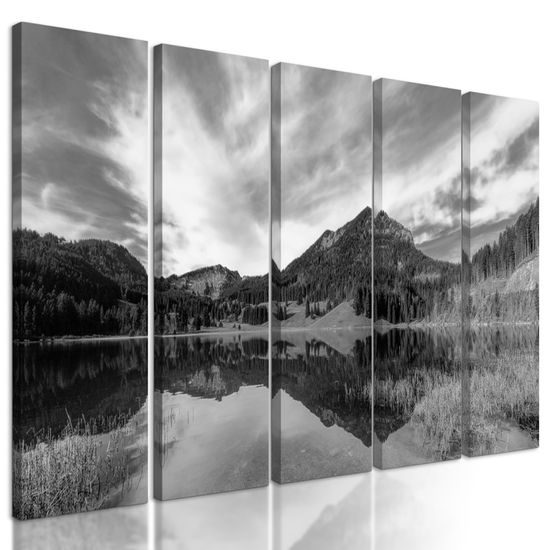 5-dielny obraz jazero medzi horami v čiernobielom prevedení