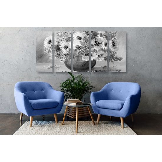 5-dielny obraz čiernobiele kvety vo vintage prevedení
