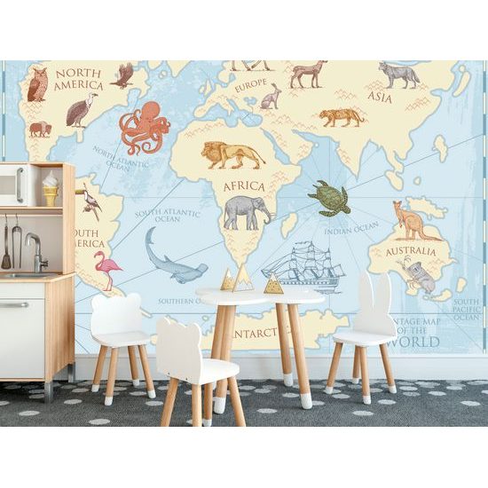 Samolepiaca tapeta kreslená mapa sveta s zvieratami