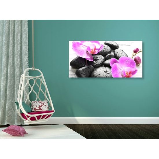 Obraz wellness kamene a orchidea po daždi