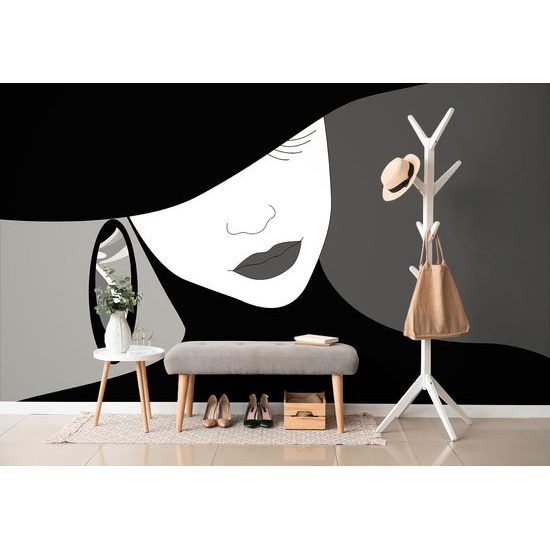 Samolepiaca tapeta tajomná žena v klobúku v čiernobielom prevedení