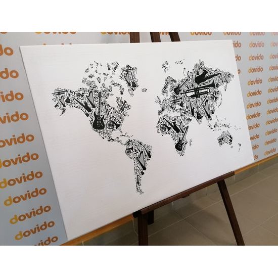 Obraz mapa sveta s hudobným motívom v čiernobielom prevedení