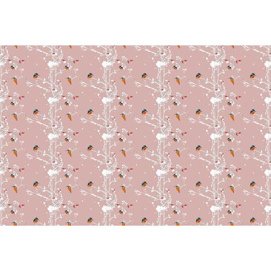 Samolepiaca tapeta vtáčiky v šípkových kríkoch na ružovom pozadí