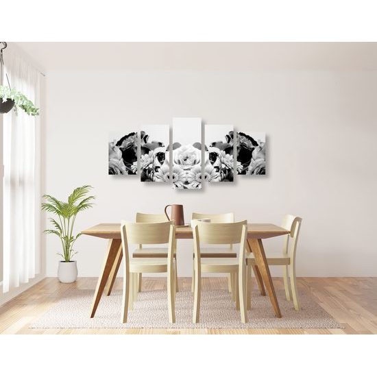 5-dielny obraz pôvabná kvetinová kompozícia v čiernobielom prevedení