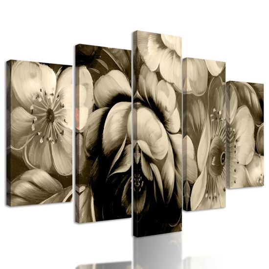 5-dielny obraz abstraktná maľba kvetín v sépiovom prevedení