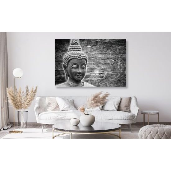 Obraz usmiaty Budha v čiernobielom prevedení