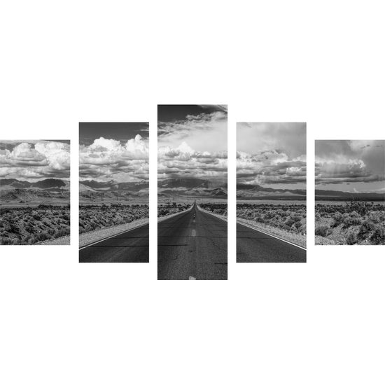 5-dielny obraz cesta pušťou v čiernobielom prevedení