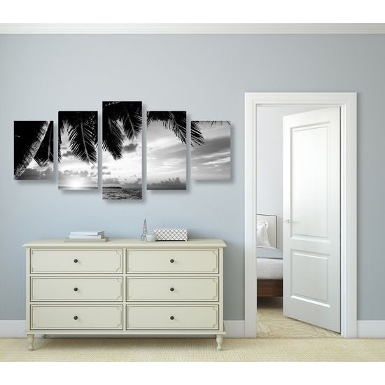 5-dielny obraz slenčný deň v tropickom raji v čiernobielom prevedení