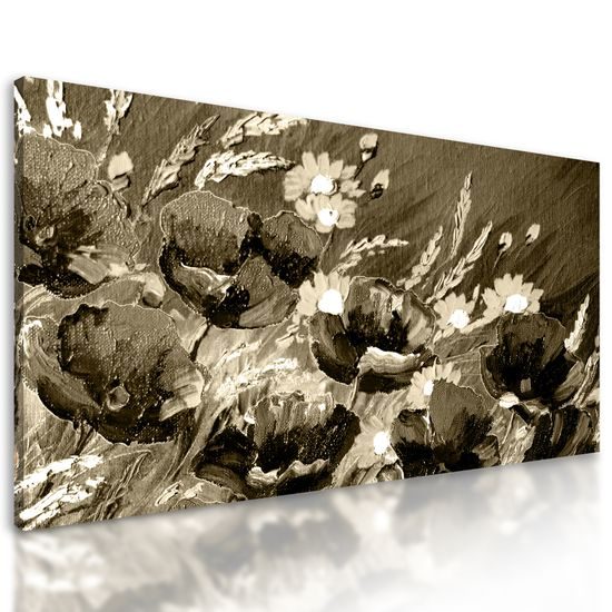 Obraz maľované maky na lúke v čiernobielom prevedení