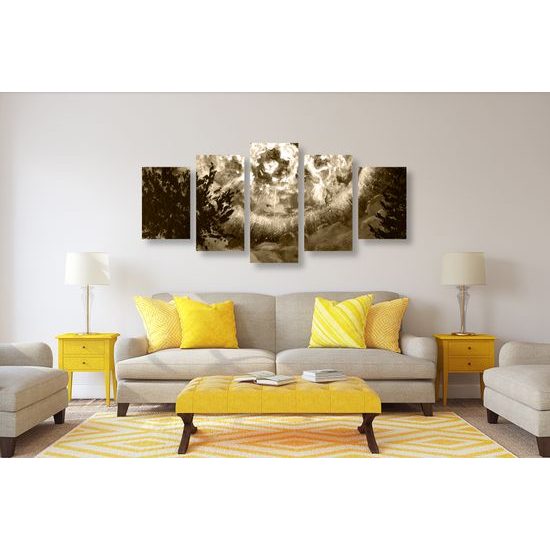 5-dielny obraz magický spln v sépiovom prevedení