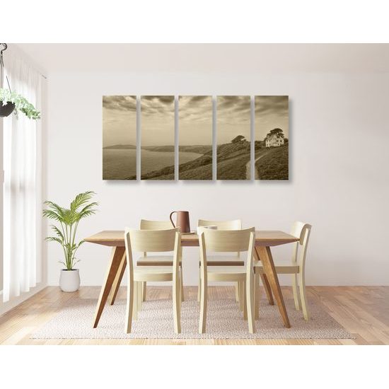 5-dielny obraz dom pri mori v sépiovom prevedení