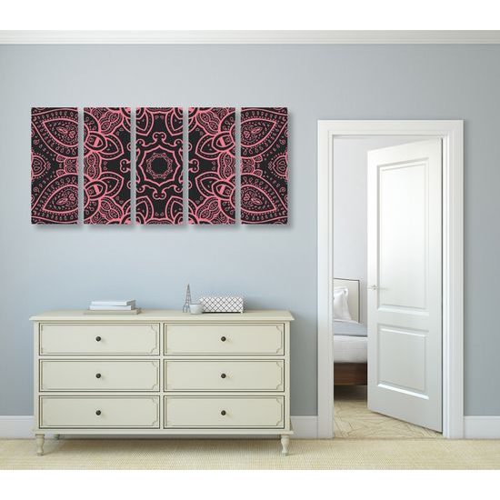 5-dielny obraz Mandala v indickom štýle v ružovom prevedení