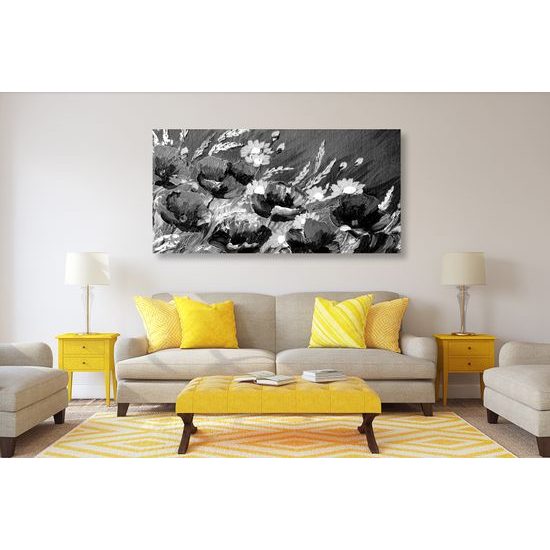 Obraz maľované maky na lúke v čiernobielom prevedení