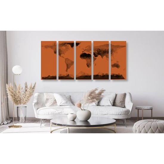 5-dielny obraz mapa sveta tvorená mnohouholníkmi v oranžovom prevedení