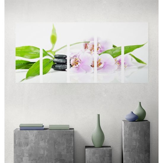 5-dielny obraz ukľudňujúce Zen zátišie s kvetmi orchidey