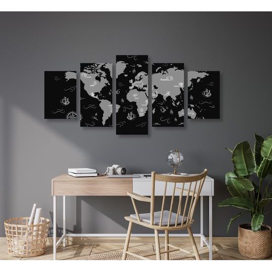 5-dielny obraz dobrodrúžna mapa sveta v čiernobielom prevedení