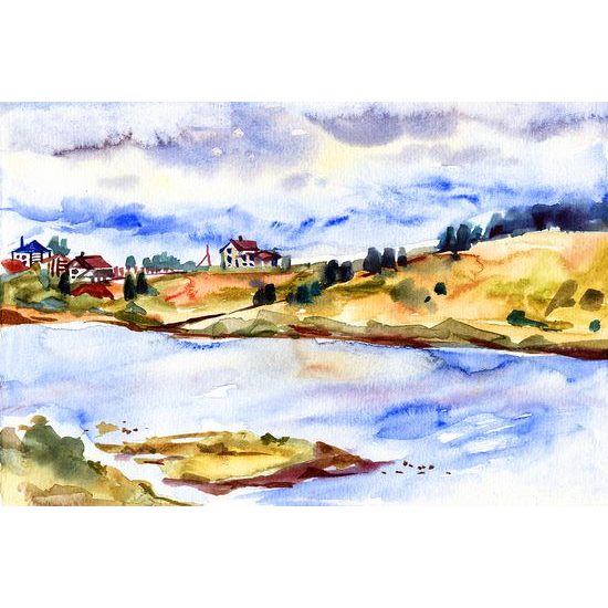 Originálna tapeta maľba dediny na brehu rieky