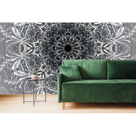 Samolepiaca tapeta Mandala v čiernobielom prevedení