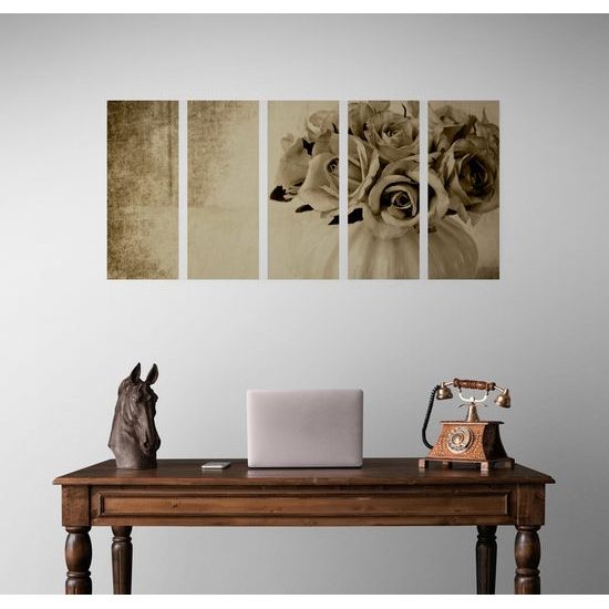 5-dielny obraz malé ružičky v sépiovom prevedení