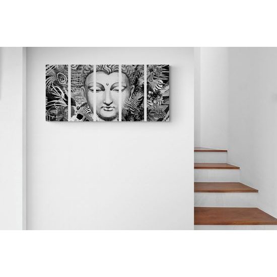 5-dielny obraz Budha v tropickej džungli v čiernobielom prevedení