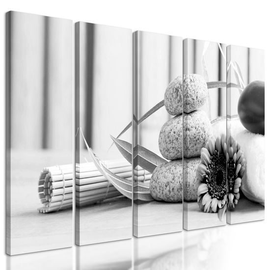 5-dielny obraz zátišie s prvkami Feng Shui v čiernobielom prevedení