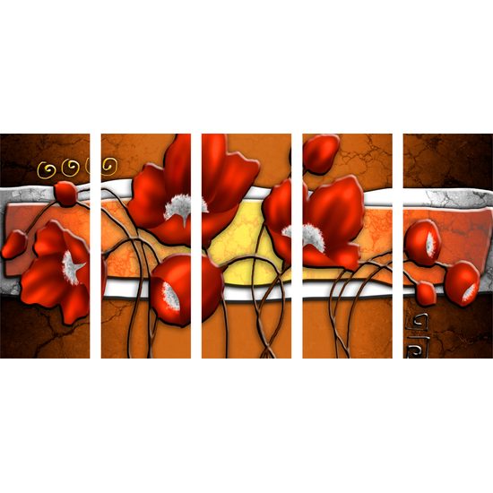 5-dielny obraz červené maky vo vintage prevedení