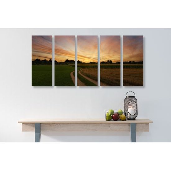 5-dielny obraz zapadajúce slnko nad krajinou