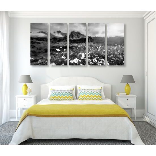 5-dielny obraz rozkvitnutá lúka v čiernobielom prevedení