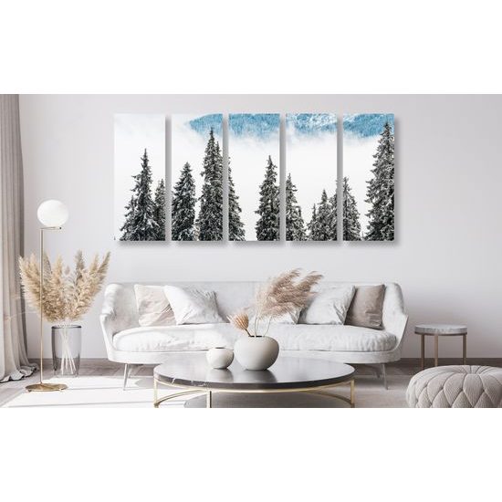 5-dielny obraz borovicové stromy pokryté čerstvým snehom