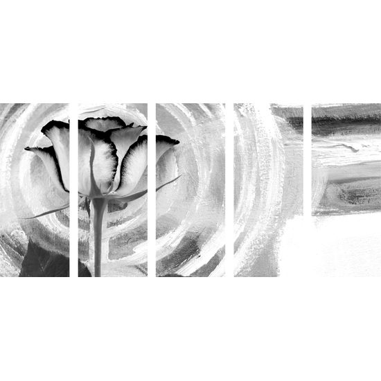 5-dielny obraz ruža na maľovanom pozadí v čiernobielom prevedení
