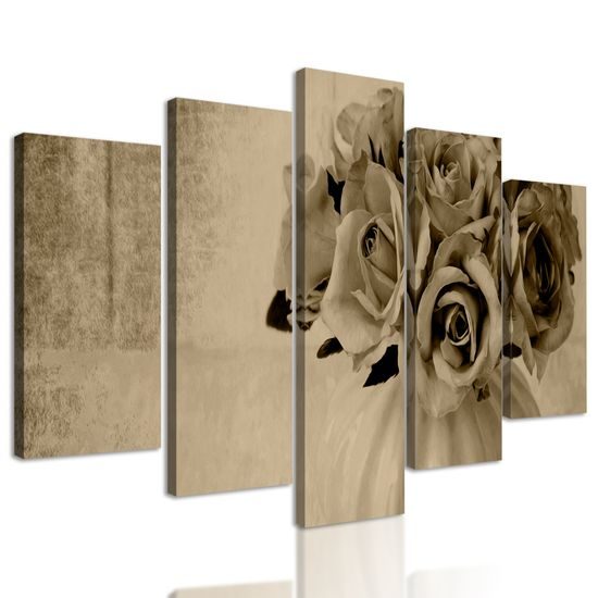5-dielny obraz malé ružičky v sépiovom prevedení