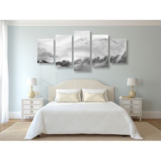 5-dielny obraz divoké čajky v čiernobielom prevedení