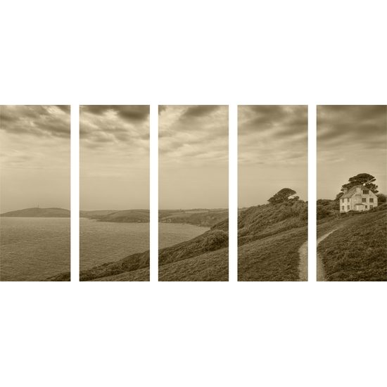 5-dielny obraz dom pri mori v sépiovom prevedení