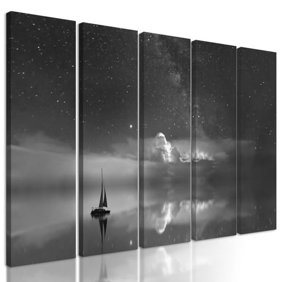 5-dielny obraz loďka pod ruškom tmy v čiernobielom prevedení