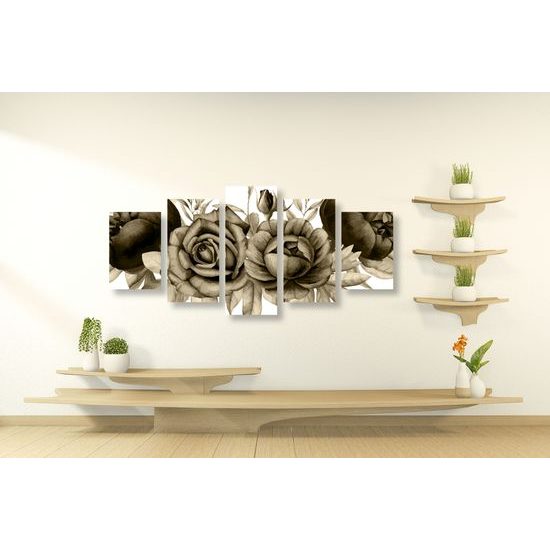 5-dielny obraz nežné splynutie ruží a listov v sépiovom prevedení