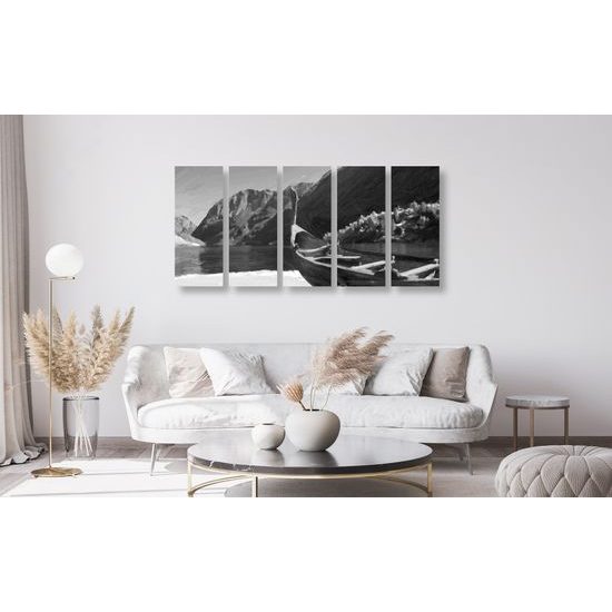 5-dielny obraz maľovaná vikingská loď v čiernobielom prevedení