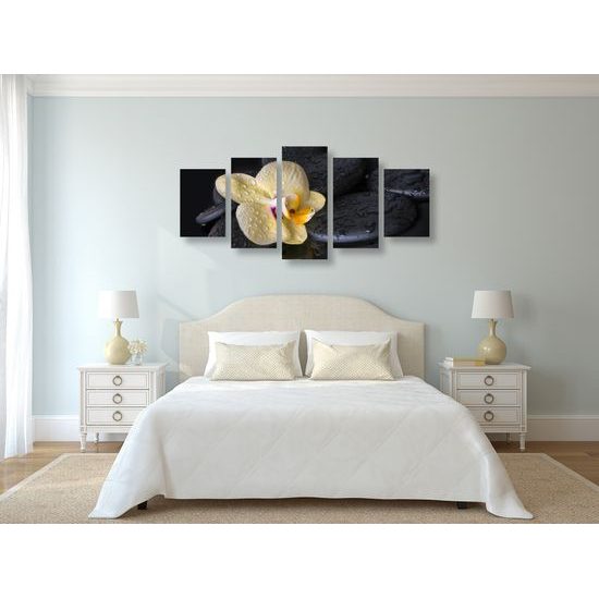5-dielny obraz lávové kamene a zaujímavá orchidea