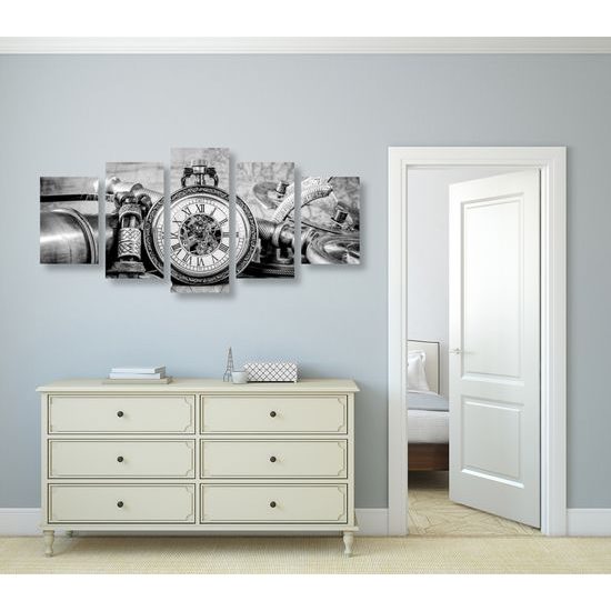 5-dielny obraz historické luxusné hodinky v čiernobielom prevedení