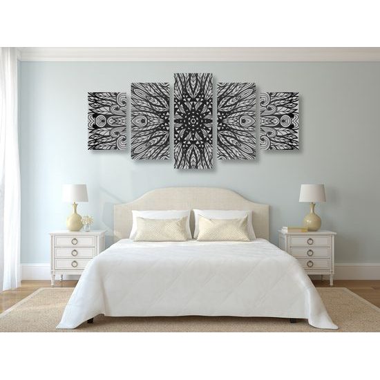5-dielny obraz zaujímavá luxusná Mandala v čiernobielom prevedení