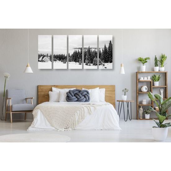 5-dielny obraz čiernobiely obraz domček uprostred zasneženej krajiny