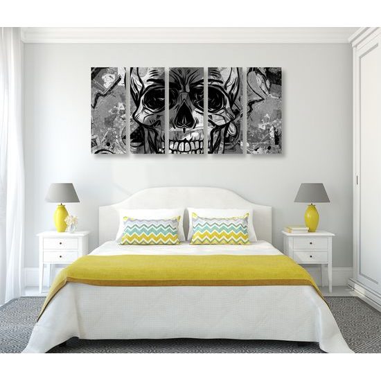 5-dielny obraz abstraktná lebka v čiernobielom prevedení