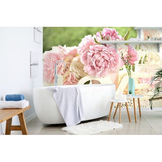 Samolepiaca fototapeta zátišie s pivóniami a nápisom Love