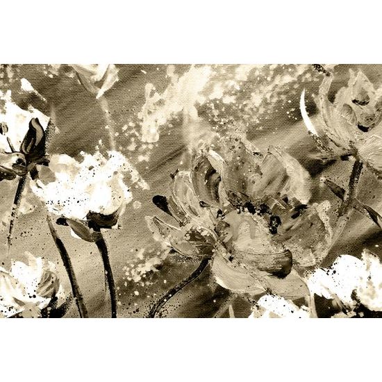 Obraz nádherná maľovaná abstrakcia kvetu v sépiovom prevedení