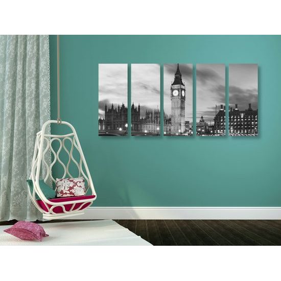 5-dielny obraz nasvietený Big Ben v čiernobielom prevedení