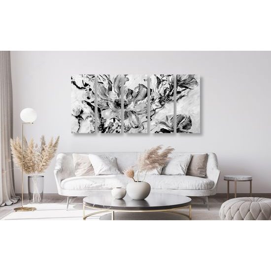 5-dielny obraz maľovaná abstrakcia kvetu v čiernobielom prevedení