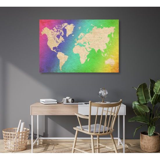 Obraz na korku mapa sveta s dúhovým pozadím